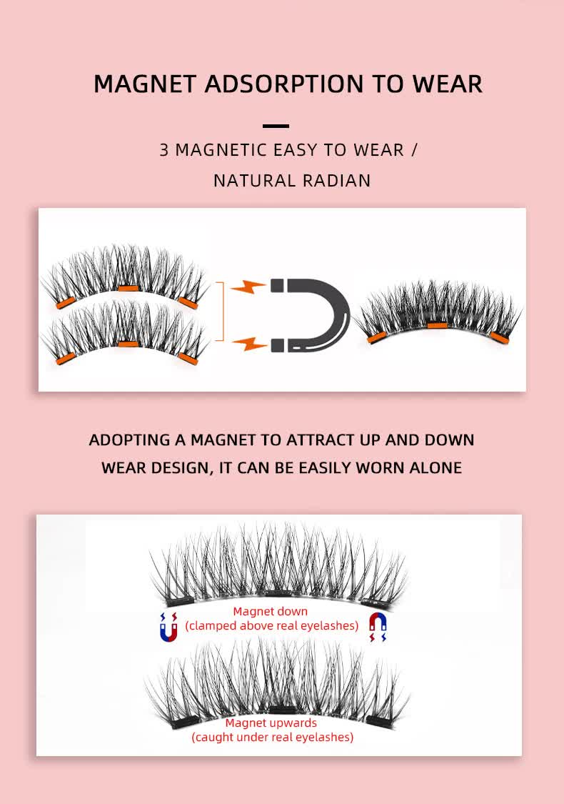 Style 6 Black Magnetic False Eyelashes Kit - 3 Pairs with Applicator Clip and Mirror Case