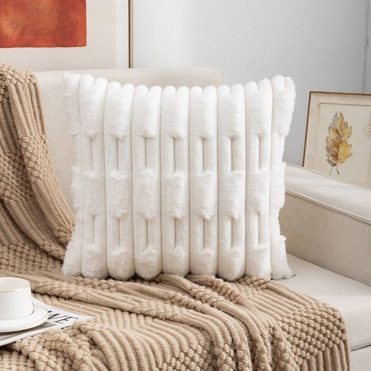 x2 White Plush Faux Rabbit Fur Pillow Cover (COVERS ONLY)