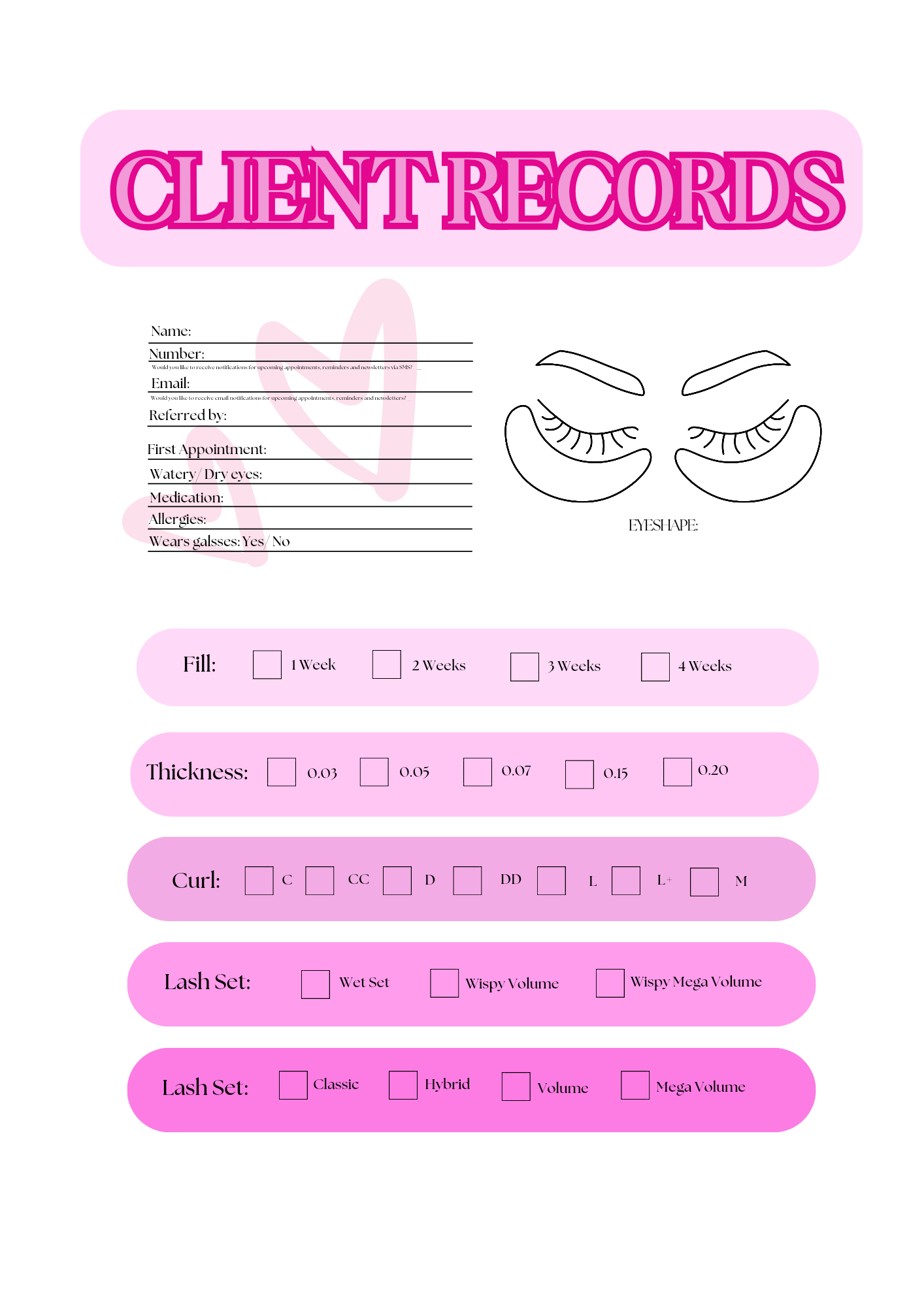 Pink Babes Client Record Sheets (Unlimited Downloads)