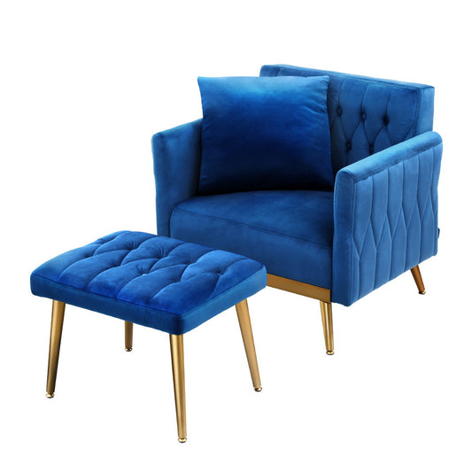 Blue Velvet Armchair and Ottoman Bundle with Pillow