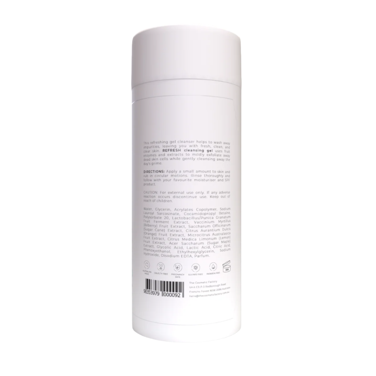 White cylindrical container with text on a white background