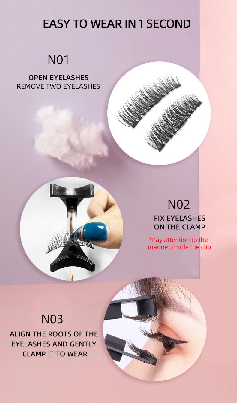 Style 2 Black Magnetic False Eyelashes Kit - 3 Pairs with Applicator Clip and Mirror Case